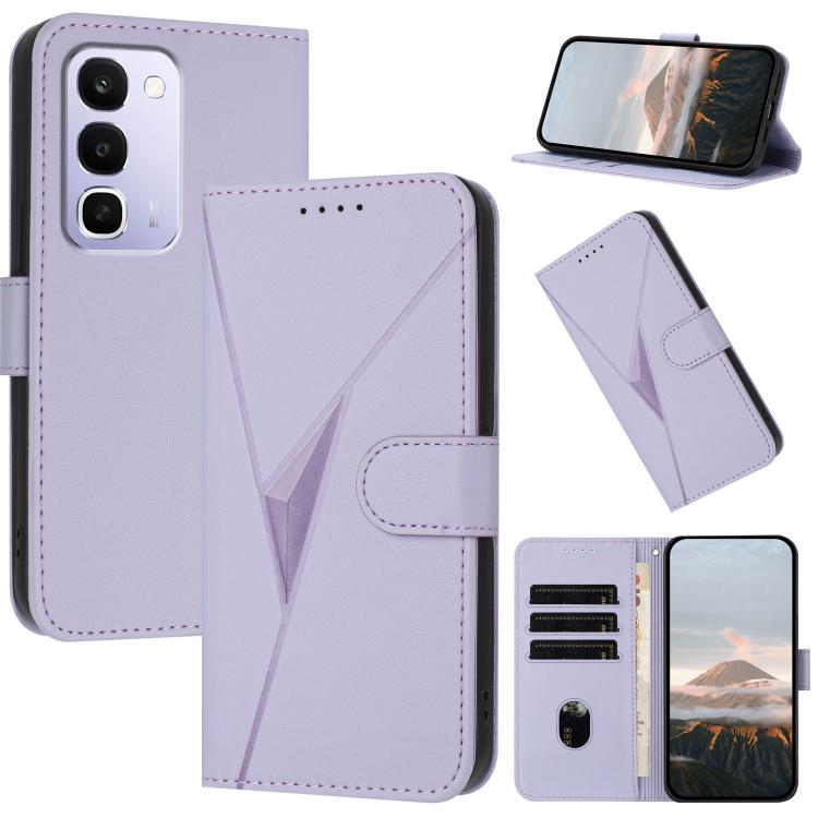 Leather phone case with triangle pattern and buckle clasp, light purple folio with card slots
