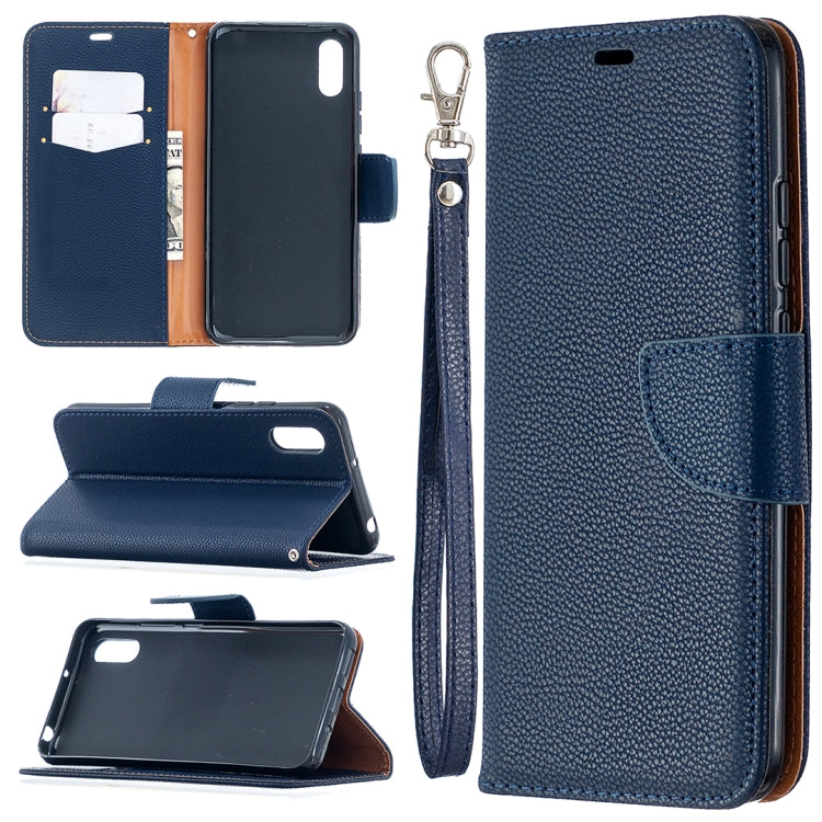 Dark blue PU leather wallet phone case with card slots, holder, and wrist lanyard strap