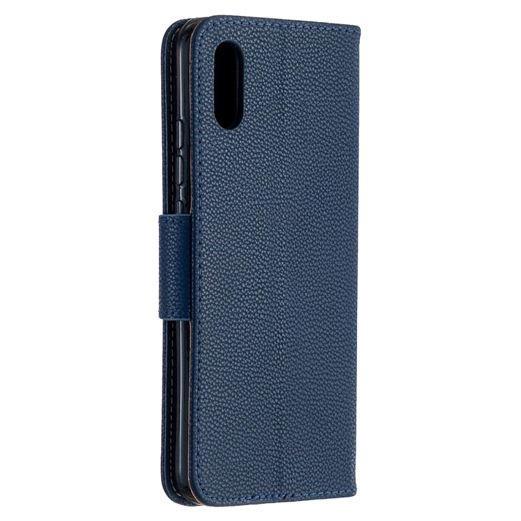 Dark blue PU leather flip phone case with built-in card holder and strap
