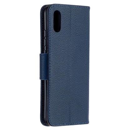 Dark blue PU leather flip phone case with built-in card holder and strap