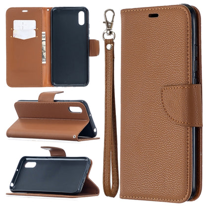Brown PU leather wallet phone case with card slots and wrist lanyard strap