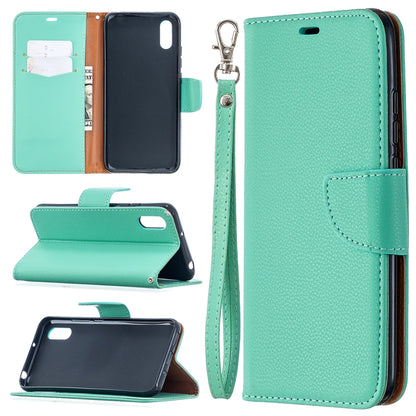 Mint green PU leather wallet phone case with card slots and wrist lanyard strap