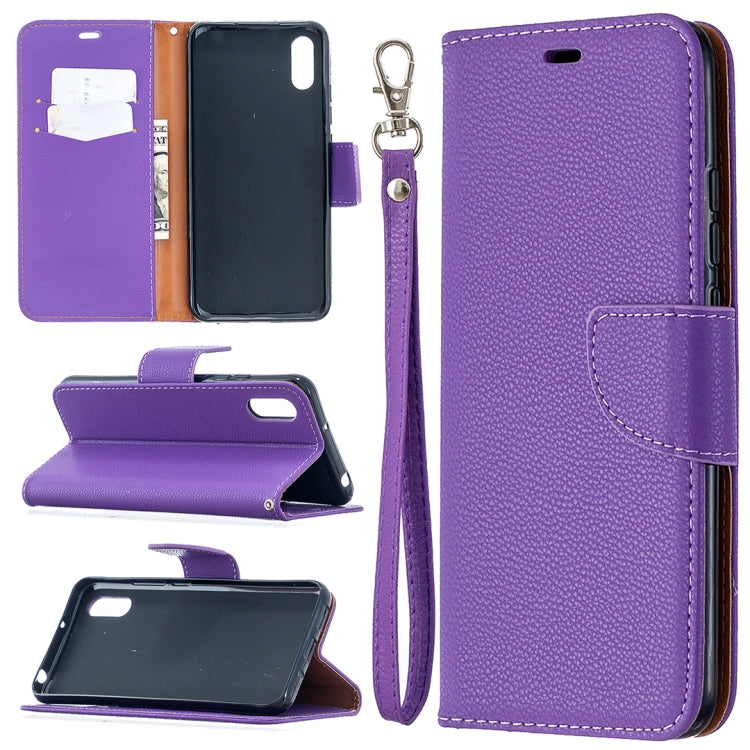 Purple flip PU leather wallet case with card slots and wrist lanyard strap