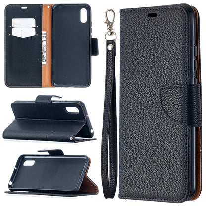Black flip PU leather wallet case with card slots and wrist lanyard strap
