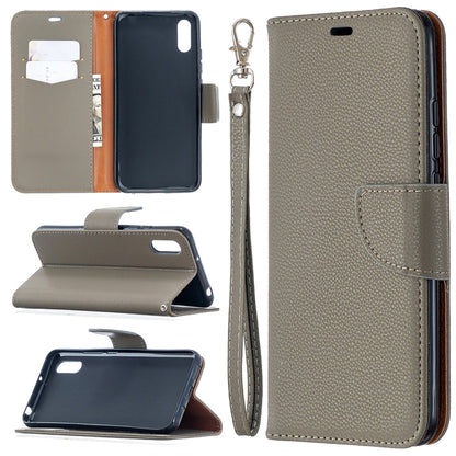 Gray flip PU leather wallet case with card slots and wrist lanyard strap