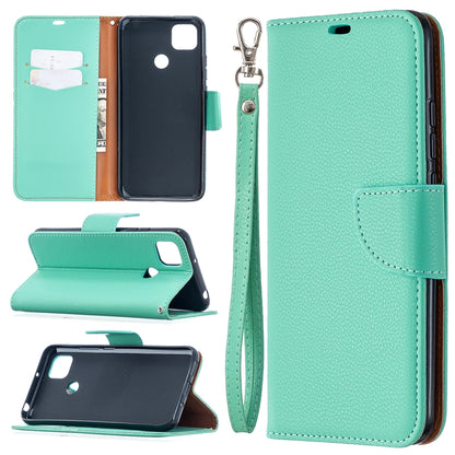 Teal flip PU leather wallet case with card slots and wrist lanyard strap