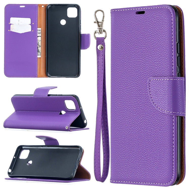 Purple flip PU leather wallet case with card slots and wrist lanyard strap