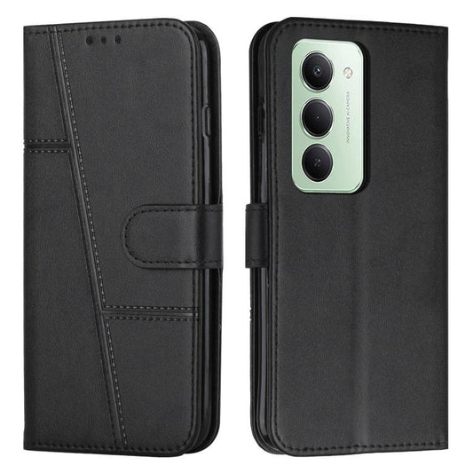 Black leather-look phone case with stitched panels and buckle strap, folio style