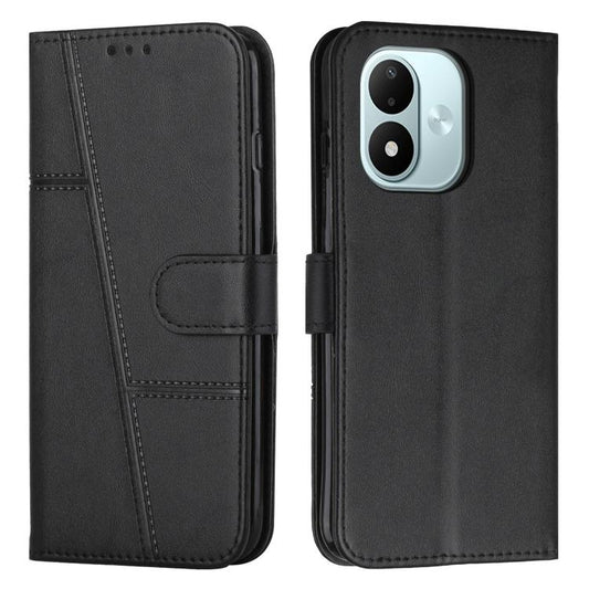 Black leather wallet phone case with buckle strap, stitched texture, and card pocket