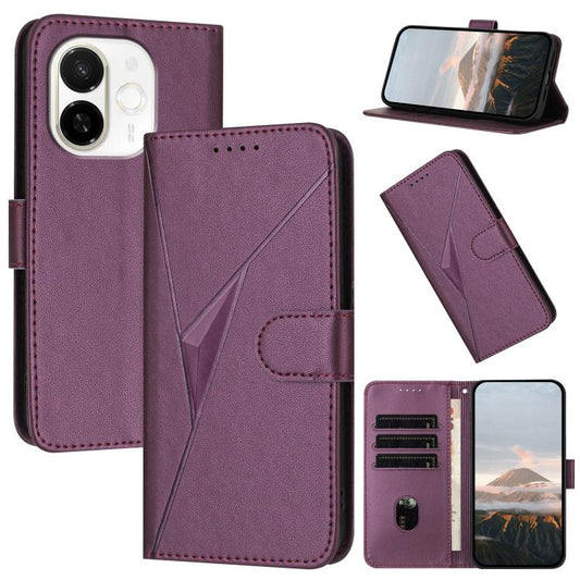 Dark purple leather phone case with triangle pattern, flip cover and buckle clasp