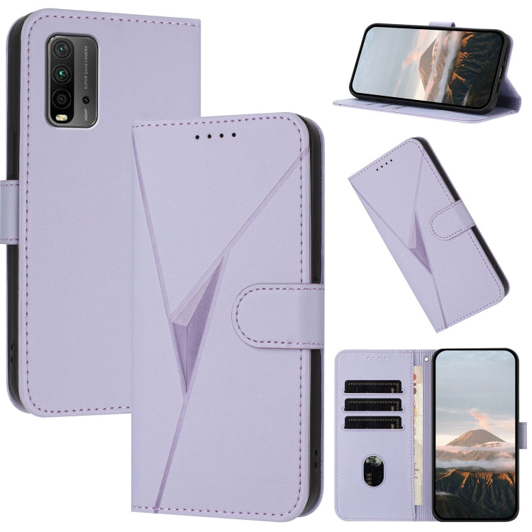 Light purple triangular pattern leather phone case with buckle clasp, stand and card slots