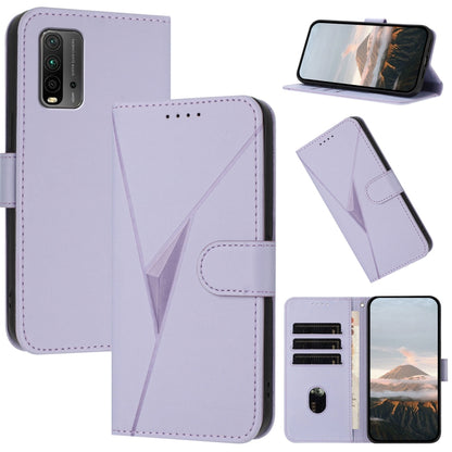 Light purple triangular pattern leather phone case with buckle clasp, stand and card slots