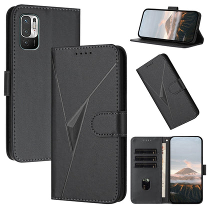 Black leather phone case with triangle pattern, buckle clasp, and card slot