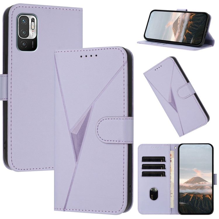 Light purple leather phone case with triangle pattern, buckle clasp, and card slot