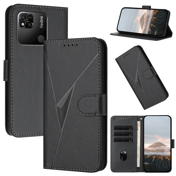 Black leather phone case with triangular geometric pattern and side buckle clasp