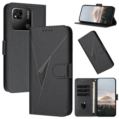 Black leather phone case with triangular geometric pattern and side buckle clasp