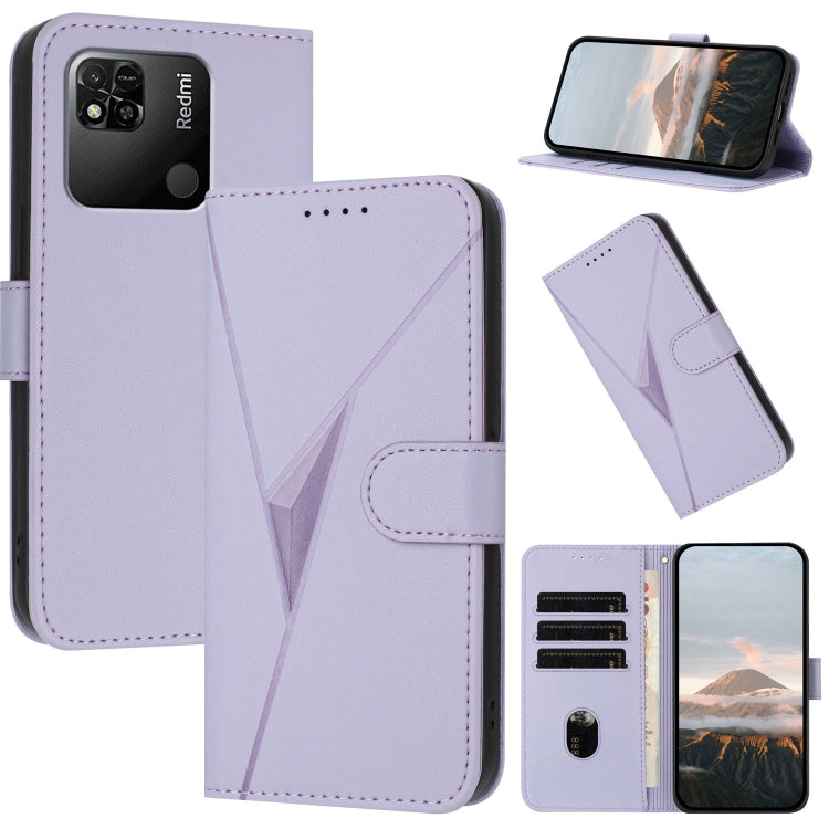 Light purple leather phone case with triangular geometric pattern and side buckle clasp