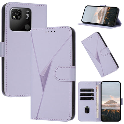 Light purple leather phone case with triangular geometric pattern and side buckle clasp