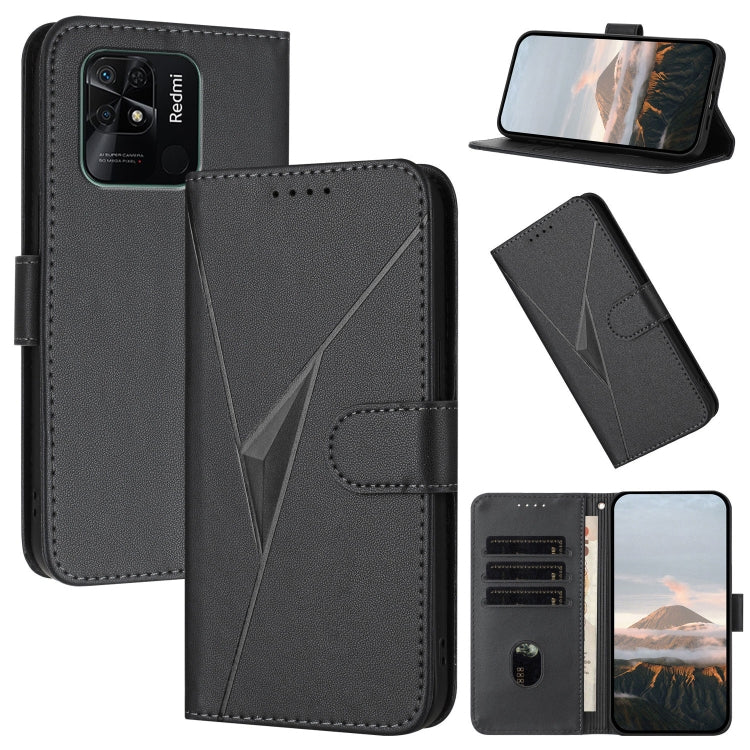 Dark gray leather phone case with triangular geometric pattern and side buckle clasp