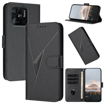 Dark gray leather phone case with triangular geometric pattern and side buckle clasp