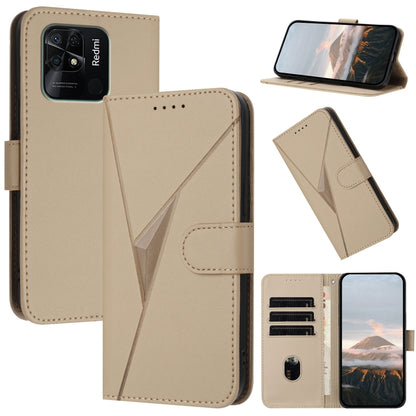 Beige leather phone case with triangle pattern, buckle clasp and flip cover