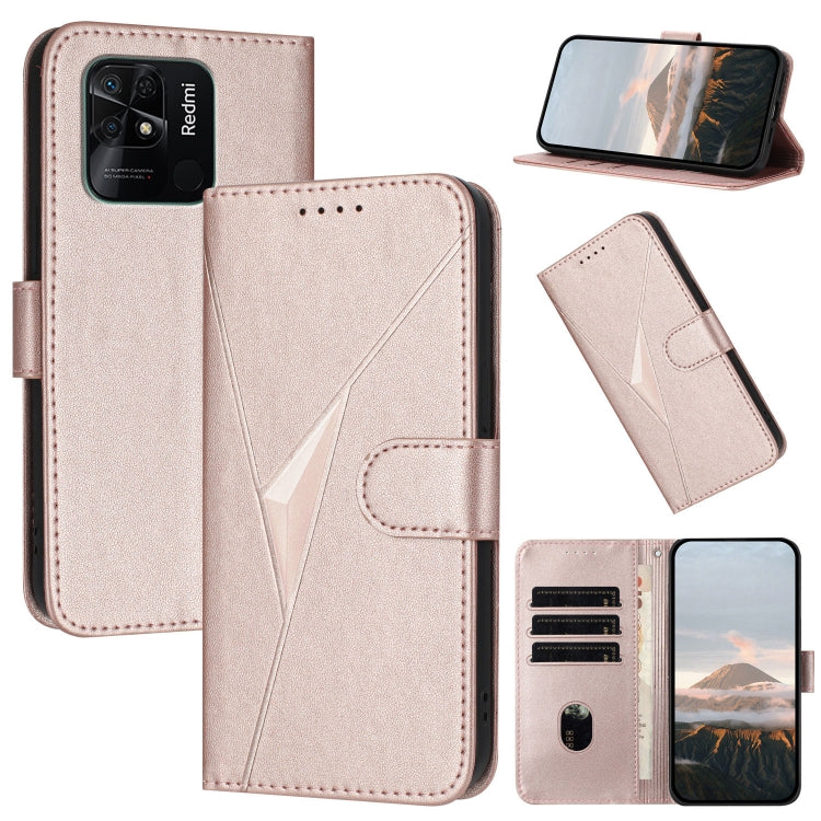 Rose pink leather phone case with triangle pattern, buckle clasp and flip cover