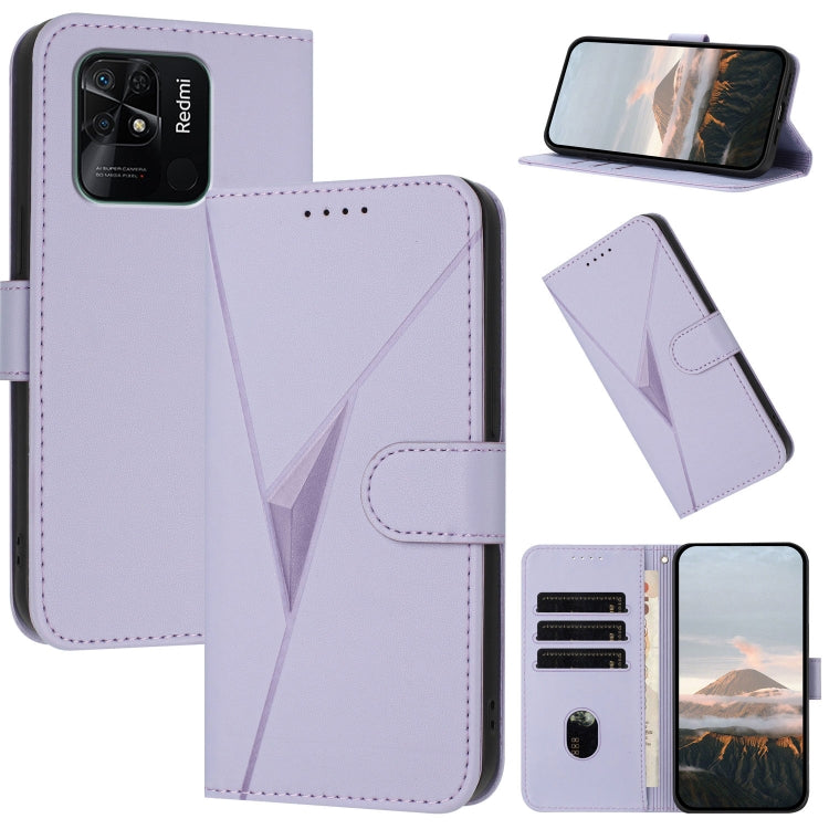 Lavender leather phone case with triangle pattern, buckle clasp and flip cover
