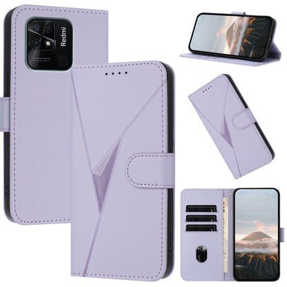 Lavender leather phone case with triangle pattern, buckle clasp and flip cover