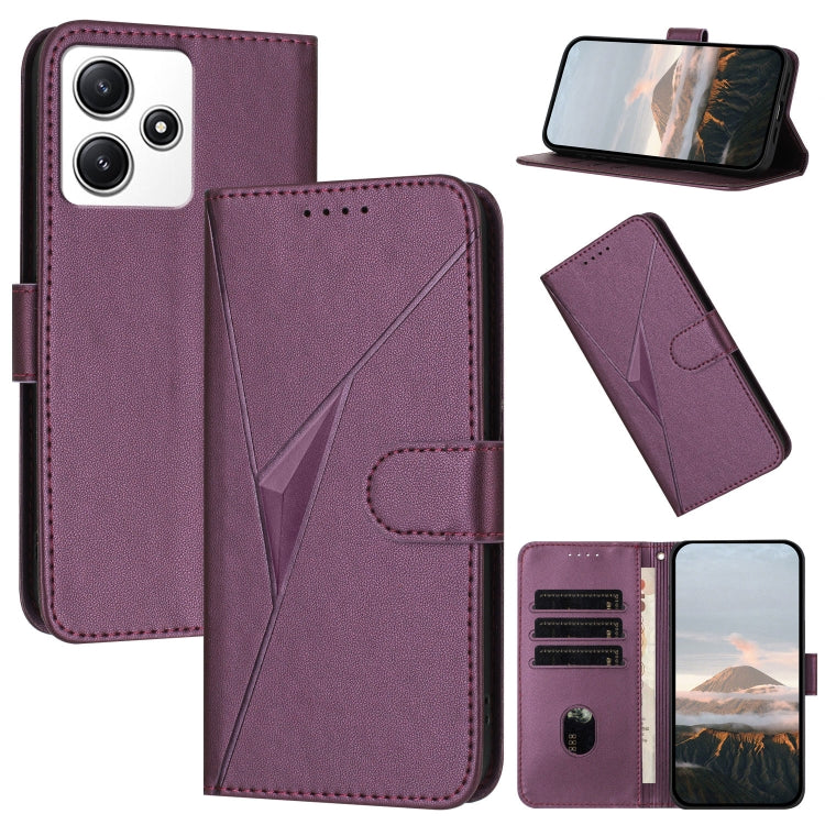 Dark purple leather phone case with triangle pattern, buckle clasp, and card slots
