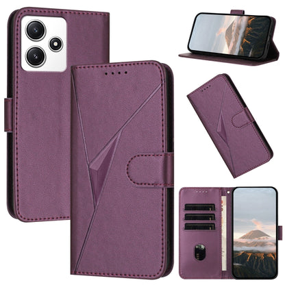 Dark purple leather phone case with triangle pattern, buckle clasp, and card slots