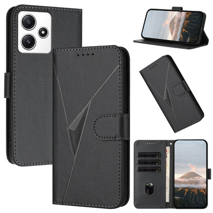 Black leather phone case with triangle pattern, buckle clasp, card slots, stand view