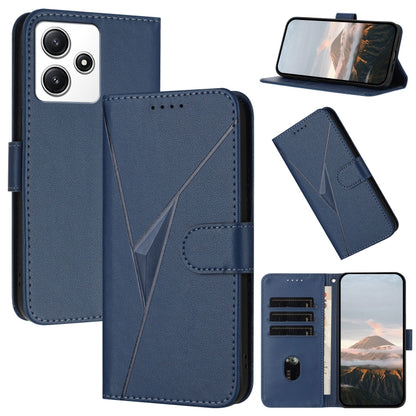 Blue leather phone case with triangle pattern, buckle clasp, card slots, stand view