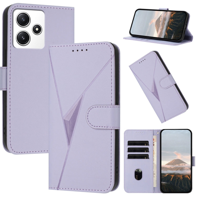 Lavender leather phone case with triangle pattern, buckle clasp, card slots, stand view