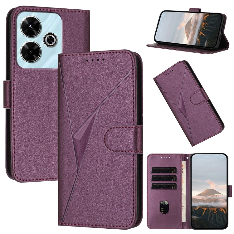 Dark purple leather phone case with triangle pattern, buckle clasp, stand viewing