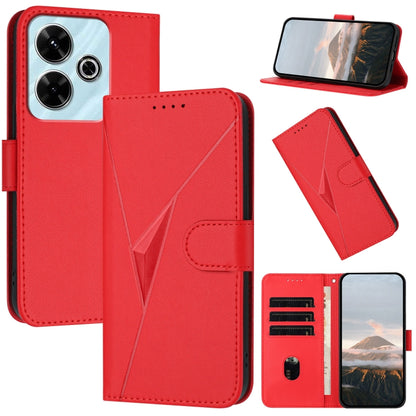 Red leather phone case with triangle pattern and buckle clasp, stand and card slots