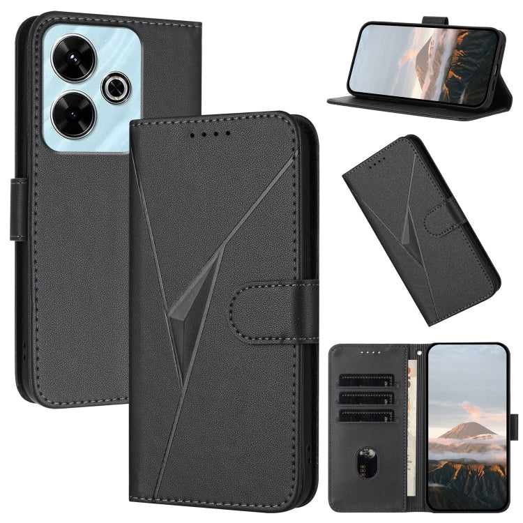 Black leather phone case with triangle pattern, buckle clasp, card slots and stand