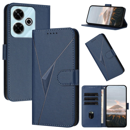 Royal blue leather phone case with triangle pattern, buckle clasp, card slots and stand