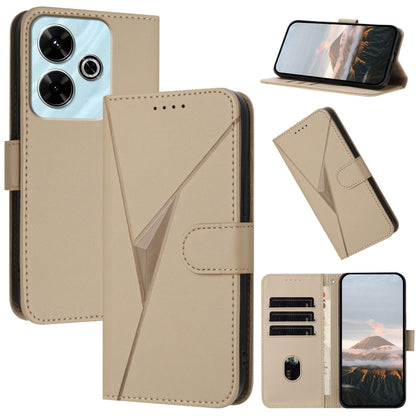 Beige leather phone case with triangle pattern, buckle clasp, card slots and stand