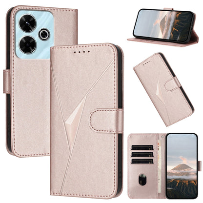 Rose gold leather phone case with triangle pattern, buckle clasp, card slots and stand