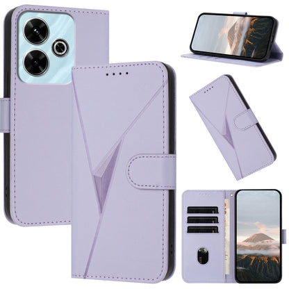 Light purple leather phone case with triangle pattern, buckle clasp, card slots and stand