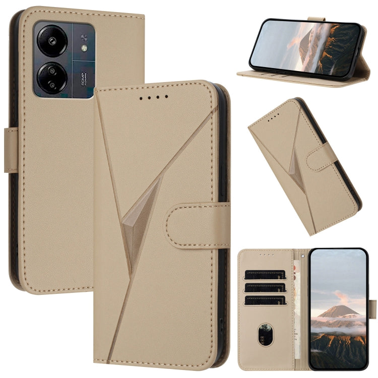 Triangle pattern leather phone case with buckle clasp, light gold flip cover and card slots