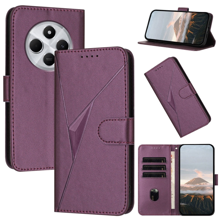 Leather phone case with triangle pattern and buckle clasp, dark purple folio wallet