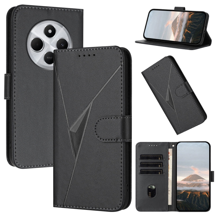 Leather phone case with triangle pattern and buckle clasp, black folio wallet