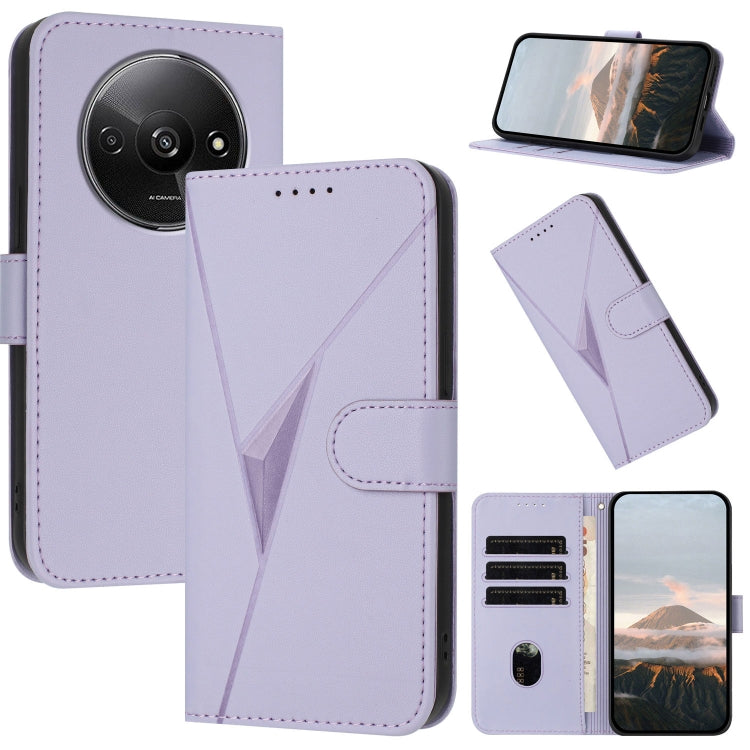 Light purple leather phone case with triangle pattern and side buckle clasp, card slots