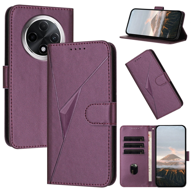Plum purple leather wallet phone case with triangle pattern, buckle clasp, card slots, kickstand