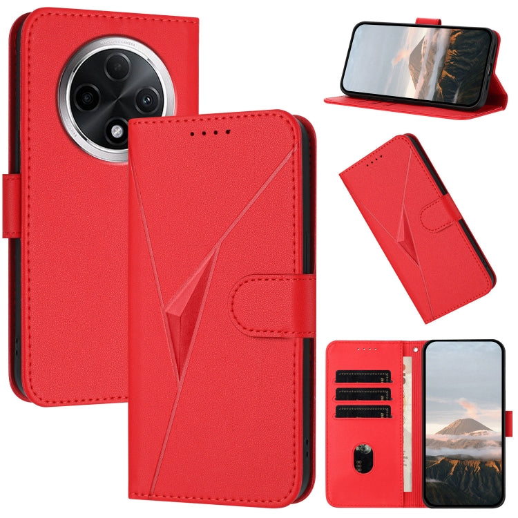 Bright red leather wallet phone case with triangle pattern, buckle clasp, card slots, kickstand