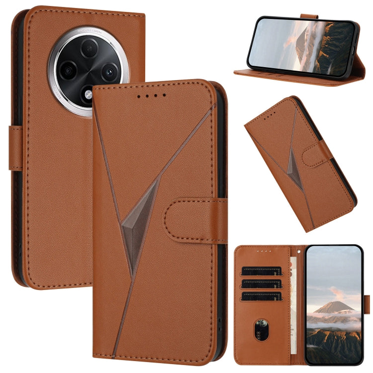 Leather phone case with triangle pattern, flip cover and buckle clasp, brown