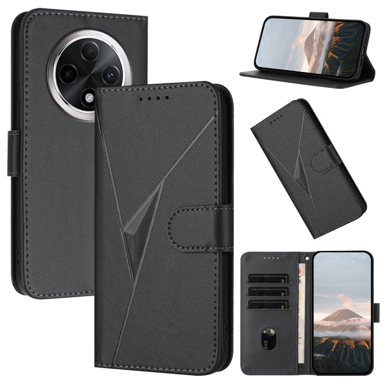 Leather phone case with triangle pattern, flip cover and buckle clasp, black