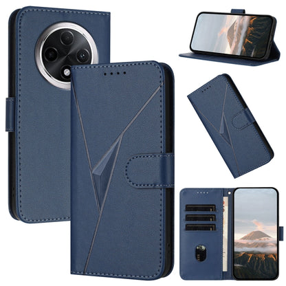 Leather phone case with triangle pattern, flip cover and buckle clasp, blue