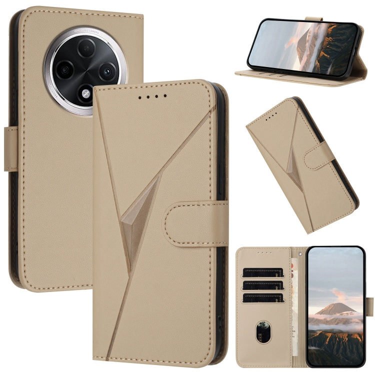 Leather phone case with triangle pattern, flip cover and buckle clasp, beige